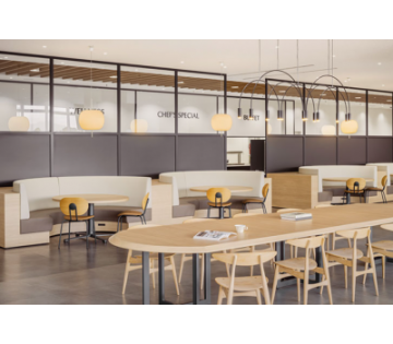 リラックスできる広々とした食堂カフェテリア！リーズナブルな日替わりメニューやドリンクサーバーも完備で毎日ドリンク飲み放題♪