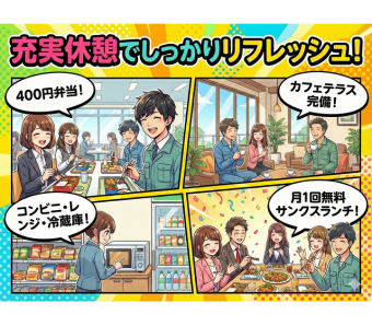 月1回のサンクスランチ（無料）休憩環境の充実度も大きな魅力。 社員食堂では仕出し弁当が400円で利用でき、カフェテラスや館内コンビニ、電子レンジ・冷蔵庫も完備。 しっかりリフレッシュできるため、オンとオフの切り替えがしやすく、1日を通して安定したパフォーマンスで働けます。
