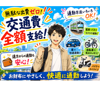 【無駄な出費ゼロ！交通費全額支給＆多彩な通勤方法】 お財布に優しい「交通費全額支給」なので、遠方からの通勤でも毎月の負担がありません。 また、公共交通機関での通勤はもちろん、車やバイク、自転車でのマイカー通勤もOK！ 天候や自分のスケジュールに合わせ、一番ストレスのない方法で毎日快適に、スムーズに仕事へと向かうことができます。